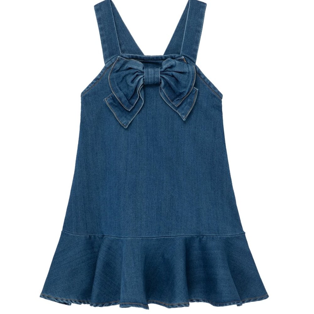 Habitual Girls Indigo Knit Denim Bow Dress 4T Ruffle Hem Stretch
